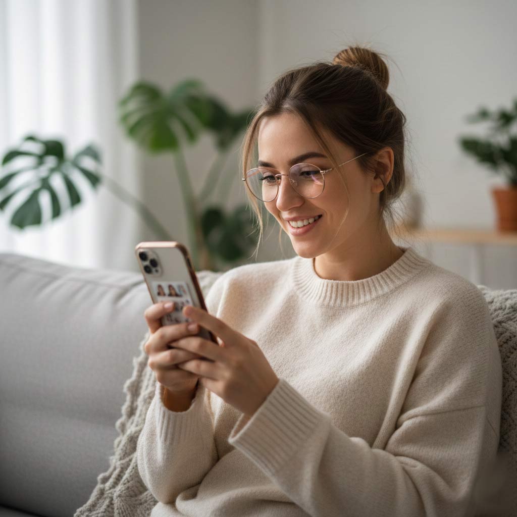 girl looking at phone wearing blue light glasses- ipop nz